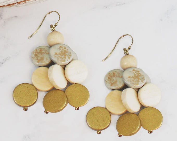 Wooden disc cluster drop earrings or set.
