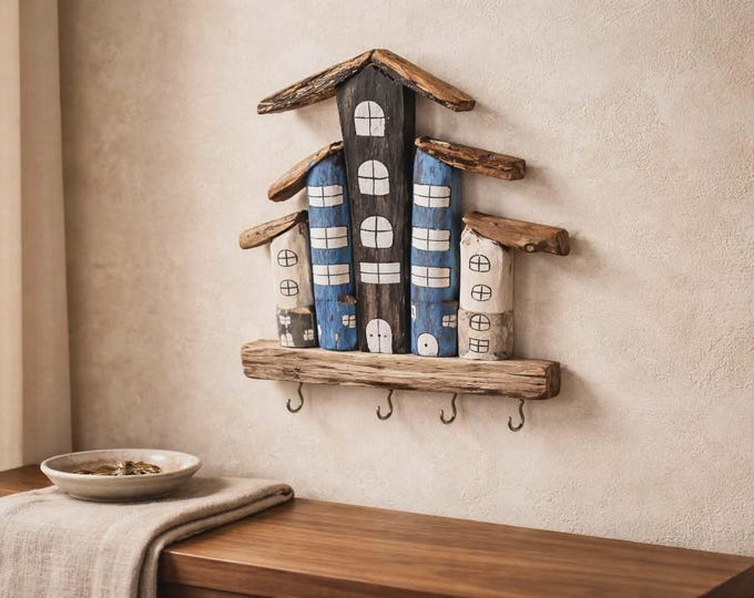 Painted Wood Abstract Key Holder - Hanging House from Bali