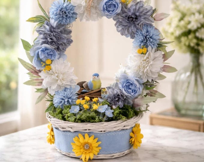 Artificial Flower Wreath Basket with Birds, Blue Yellow Floral Centerpiece.