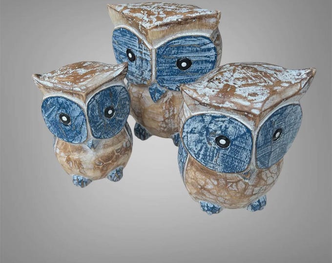 Set of 3 Wooden Painted Owls from Bali.  Blue
