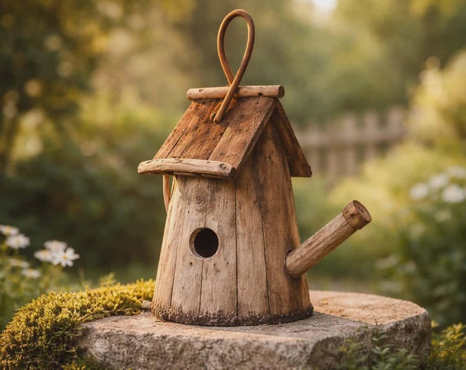 Hanging bird house driftwood with sloping roof, watering can shape 28x36cm