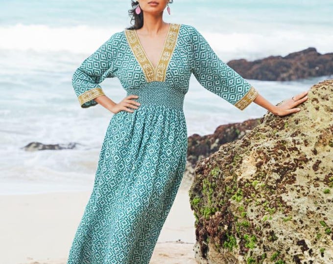 PRINTED COTTON v-neck midi dress FS  blue