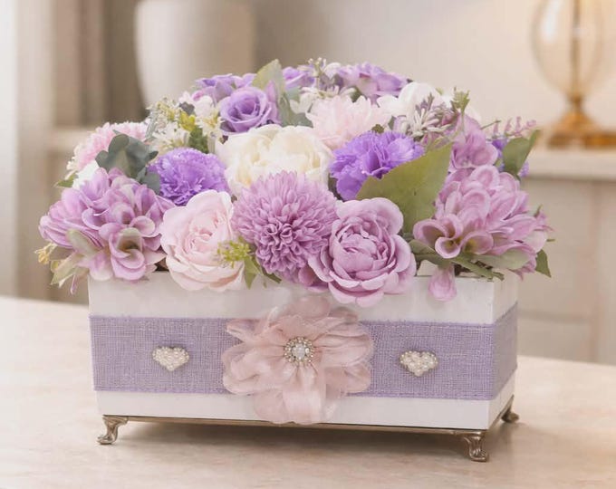 Purple Cream Green Artificial Flower Arrangement Box with Bling Centerpiece