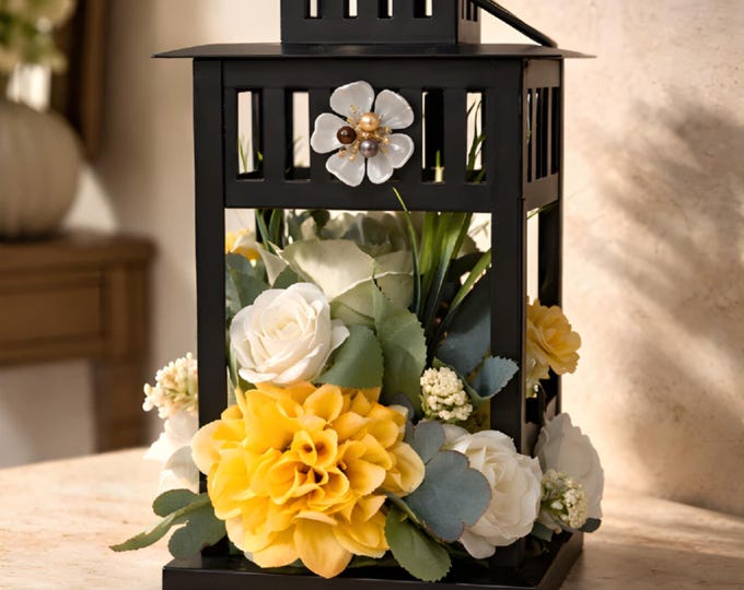 Yellow & White Artificial Flower Lantern Arrangement, Bling Decor