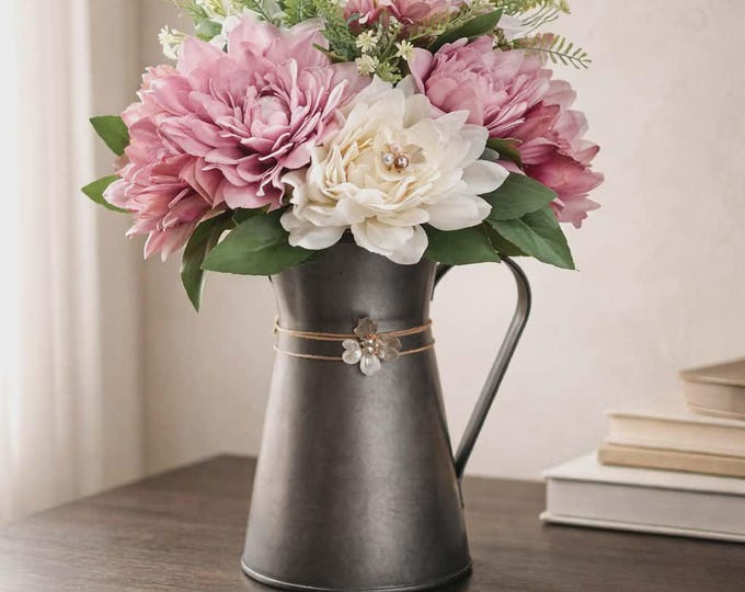 Grey Pitcher with Assorted Flowers and Bling Accent.