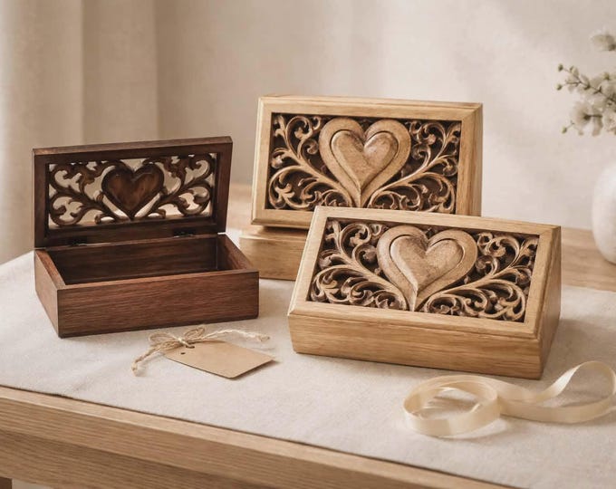 Mango Wood Set/3 Oblong Boxes Heart Carvings Design 28cm.