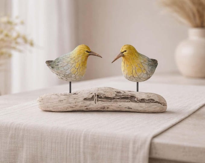 Double Wooden Bird On Natural Root Base (Greenfinch)