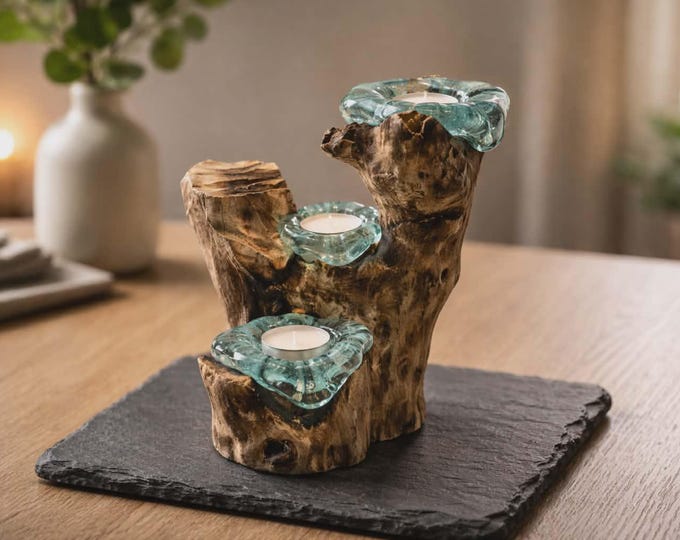 Molten Glass Candle triple Holder on Wood
