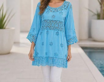 Italian Crochet Lace Cotton Top – Boho Summer Blouse | Lightweight Tunic Uk 4 col FS