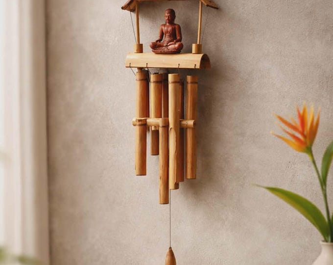 Bamboo Windchime—Natural Finish—Black Buddha 6 Tubes. 8x20x90 (cm)