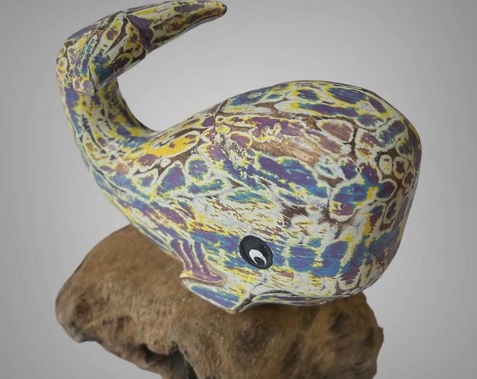 Wooden Painted Wooden Whale On Driftwood - Nautical Statue.