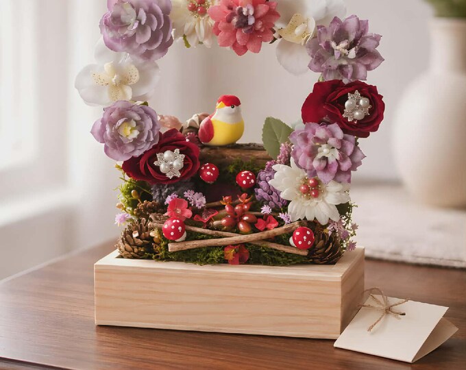 Artificial Flower Woodland Scene in Wood Box with Wicker Heart, Succulents, Bird.