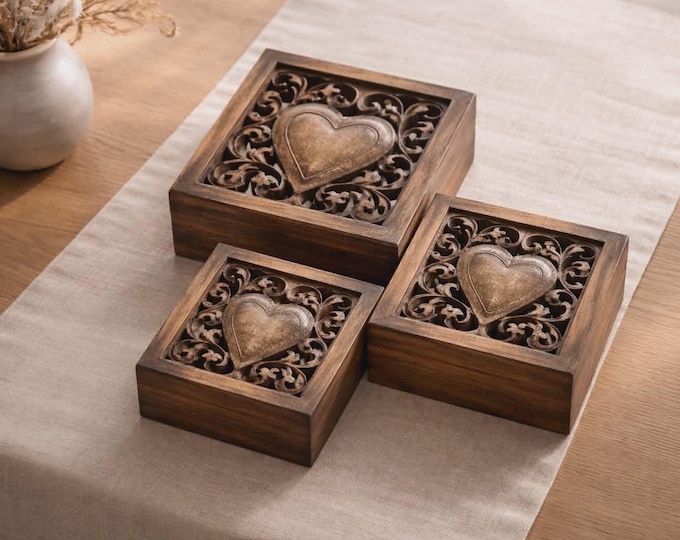 Mango Wood Set Of 3 Square Heart Cutwork Boxes Burnt Finish 25.5cm