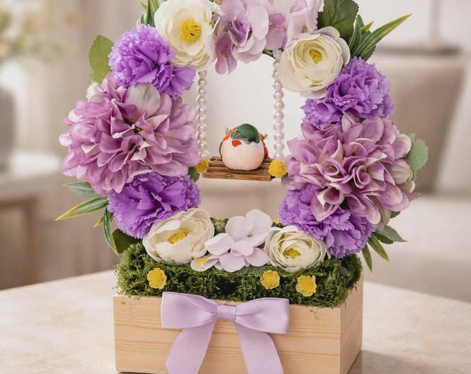 Artificial Flower Display Round with Bird Swing, Floral Arrangement Gift