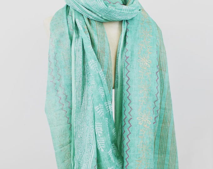 Blocked printed mint green cotton scarf  (100 x 180cm)