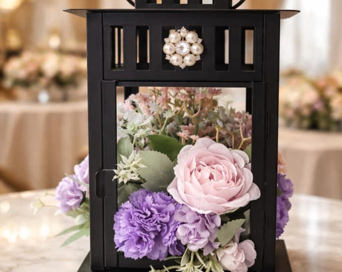 Floral Lantern Centerpiece, Black Metal, Pearl Embellished