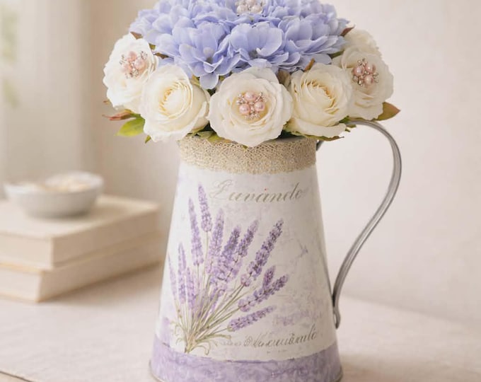 Lavender Jug with White Roses, Purple Daisies, Spring Floral Arrangement 35cm