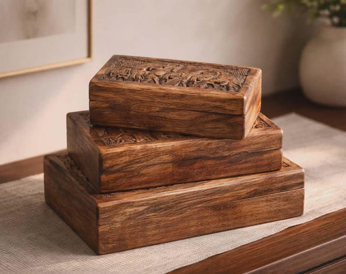 Mango Wood Elephant Design Boxes (Set of 3) 25cm