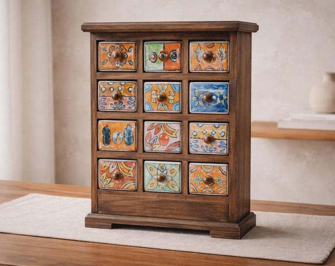 Wooden Mini Chest, 12 Ceramic Drawers