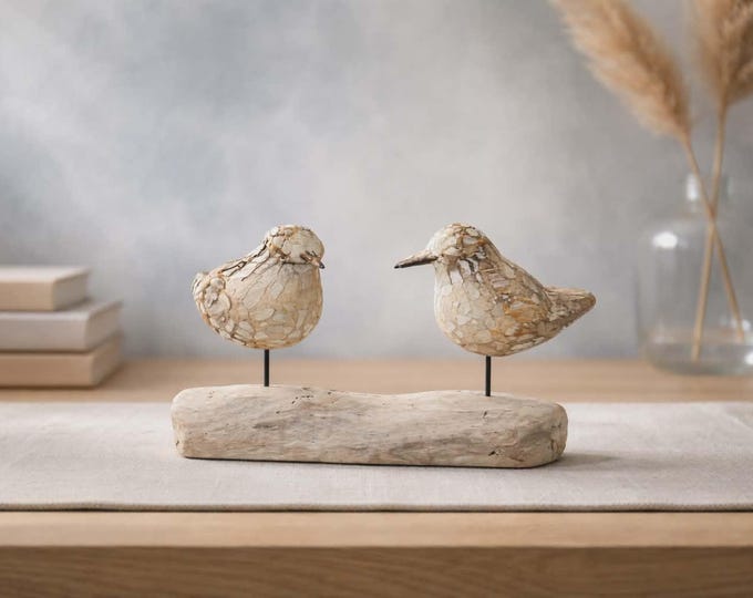 Double Wooden Bird On Natural Root, beige
