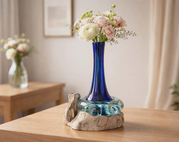 Glass Vase On Natural Wooden Base - Blue