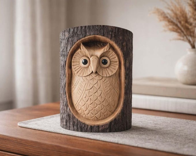 Owl jempinis wood carving 15cm fair trade