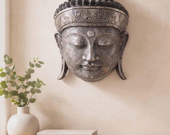 Home Decoration Buddha Head - 25cm - Silver Shine Finish Fair Trade