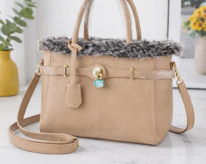 4 different colours, Women’S Faux Leather Tote Handbag with Fur Trim, top handle, and Crossbody Strap