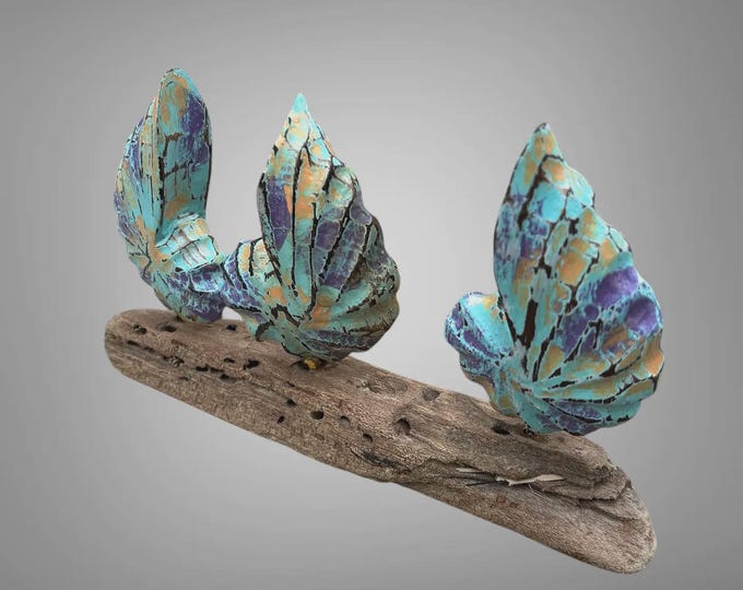 Wooden Triple Carved and Painted Shells On Wood Stand