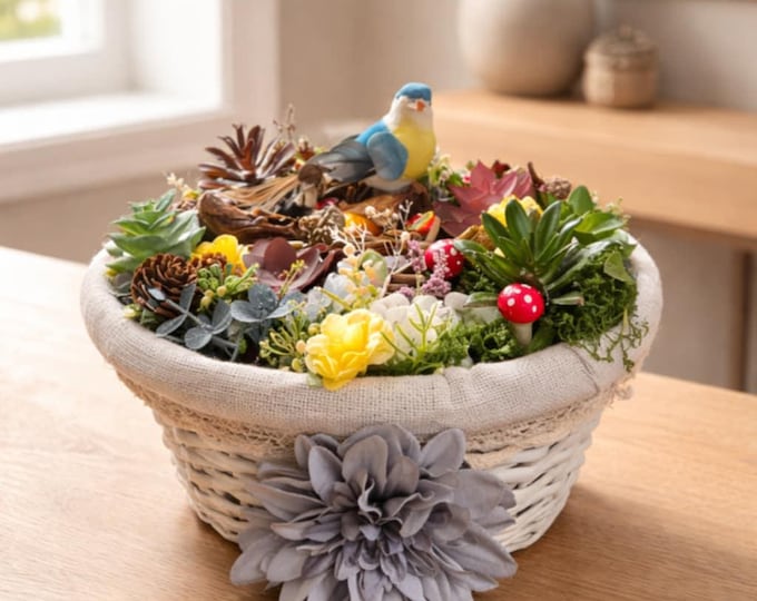 Blue Bird Flower Basket, Whimsical Wood Arrangement