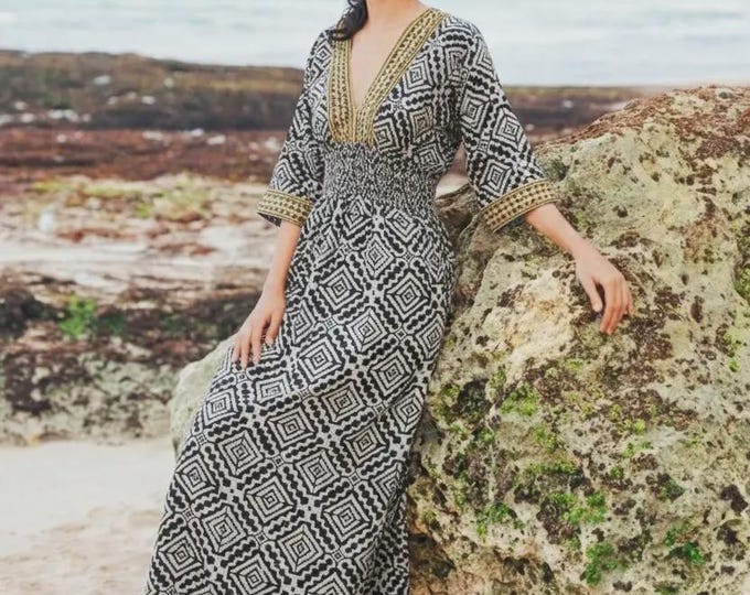 PRINTED COTTON  v-neck midi dress, black, FS