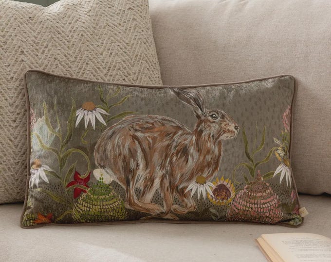 Meadow Bloom Hazel Hare Printed Chenille Cushion Sage
