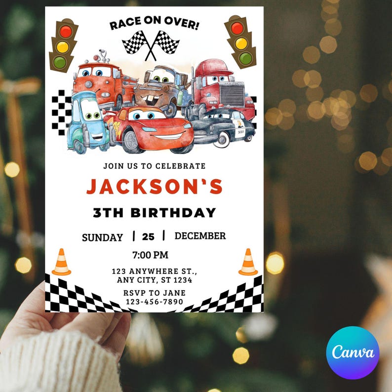 Cars Birthday Invitation, Kids Birthday Invitation, Lightning McQueen Invitation, Editable Personalized Canva Digital Download image 6