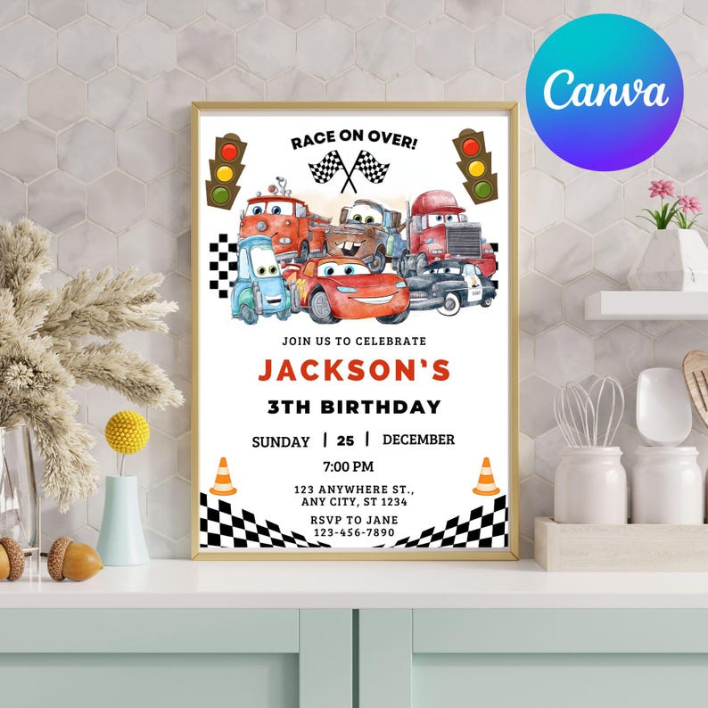 Cars Birthday Invitation, Kids Birthday Invitation, Lightning McQueen Invitation, Editable Personalized Canva Digital Download image 7