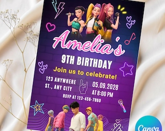 Bearbeitbare Kpop Dämonenjäger Geburtstagseinladung, Kpop Geburtstag einladen, Dämonenjäger Party einladen, Canva Digital Download