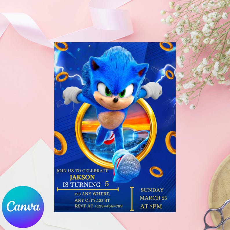 Editable Sonic Birthday Invitation, Super Hedgehog Boys Party Invite, Super Sonic Party Invitation, Editable Sonic Editable in Canva Invite image 3
