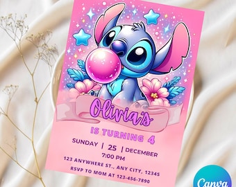 Convite de aniversário do Stitch editável, modelo editável e imprimível, convite para festa do Stitch, modelo do Canva, download instantâneo