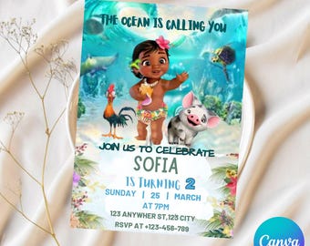 Editable Baby Moana Birthday Invitation, Editable Digital Hawaiian Moana Birthday Invite, Kids Theme Party Invitation, Baby Moana Template
