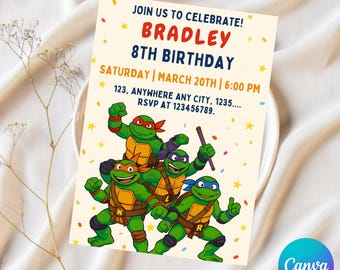 Convite de aniversário das Tartarugas Ninja, convite de aniversário de karatê para menino, convite editável, modelo digital para download no Canva