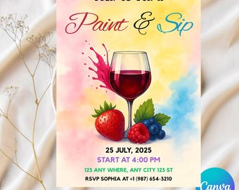 Bearbeitbare Sip and Paint Party Einladung: Wein Geburtstag einladen (Digital)