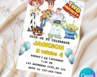 Modelo de convite de aniversário infantil editável Toy Story, convite para festa de aniversário, modelo de convite digital para festa infantil, aniversário editável Canva