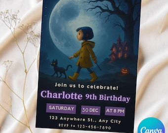 Editable Coraline Birthday Invitation: Printable Canva Template (Digital Download 5x7in Card)