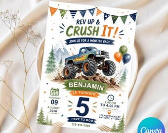 Convite de aniversário com tema de Monster Truck - Modelo editável, Convite Monster Jam, Convite para festa com tema de caminhões, Convite de aniversário para menino - Download digital