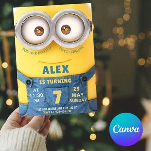 May include: A yellow birthday invitation card featuring a Minion character design. The card includes the text "YOU ARE INVITED TO CELEBRATE ALEX IS TURNING 7" with the date, time, and RSVP information. The card has a blue denim-style design.