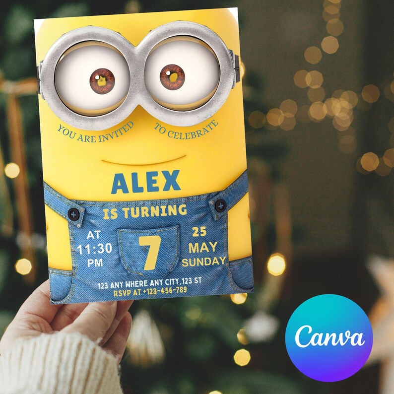May include: A yellow birthday invitation card featuring a Minion character design. The card includes the text "YOU ARE INVITED TO CELEBRATE ALEX IS TURNING 7" with the date, time, and RSVP information. The card has a blue denim-style design.