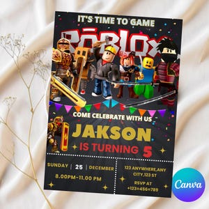 Editable Roblox Invitation, Roblox Invite, Game Party, Roblox Boys Birthday Invitation Template, Game Birthday, Kids Roblox, Canva