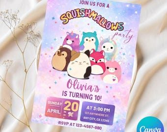 Modelo de convite de aniversário Squishmallow editável, convite para festa de menina, modelo imprimível do Canva