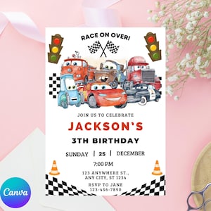 Cars Birthday Invitation, Kids Birthday Invitation, Lightning McQueen Invitation, Editable Personalized Canva Digital Download image 3