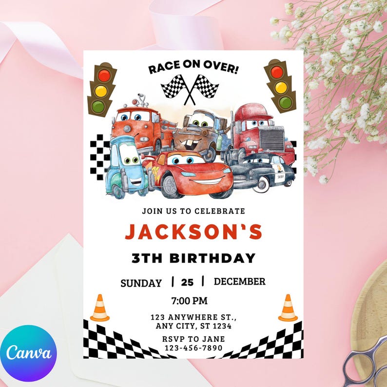 Cars Birthday Invitation, Kids Birthday Invitation, Lightning McQueen Invitation, Editable Personalized Canva Digital Download image 3