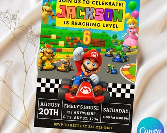 Faire-part d&#39;anniversaire Super Mario modifiable : modèle imprimable de toile (téléchargement numérique de 5 x 7